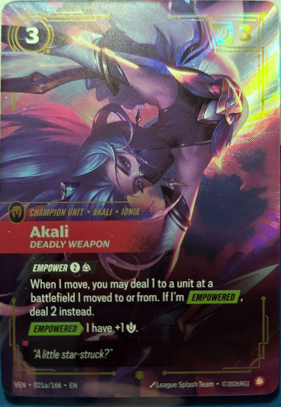 Akali Deadly Weapon Alt Art 021a/166 Riftbound TCG Vendetta NM League of Legends